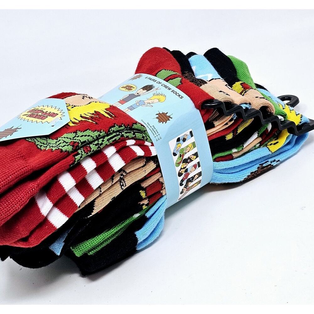 Beavis and Butthead Christmas 6pk Sock Cartoon TV Show MTV 90's 6-12 Shoe Size